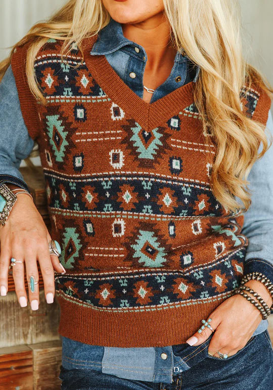 Brown Turquoise Aztec Knit Vest