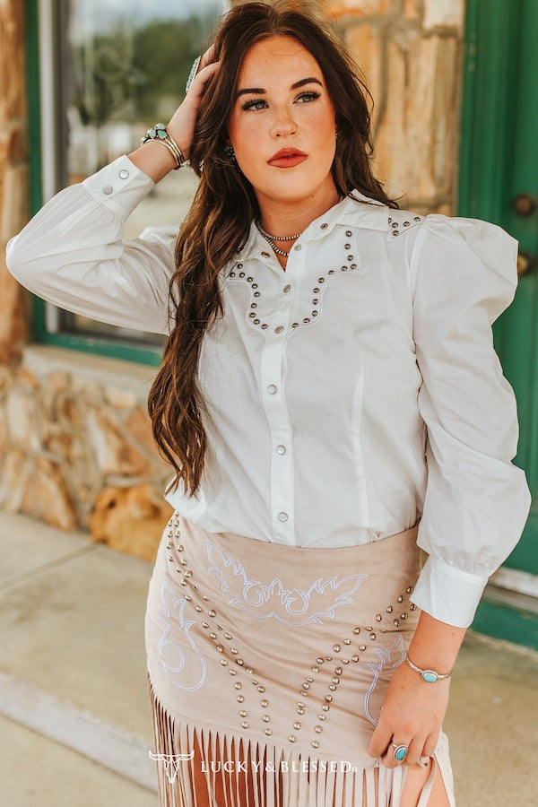 Ivory Puff Sleeve Studded Detail Pearl Snap Shirt