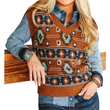 Brown Turquoise Aztec Knit Vest